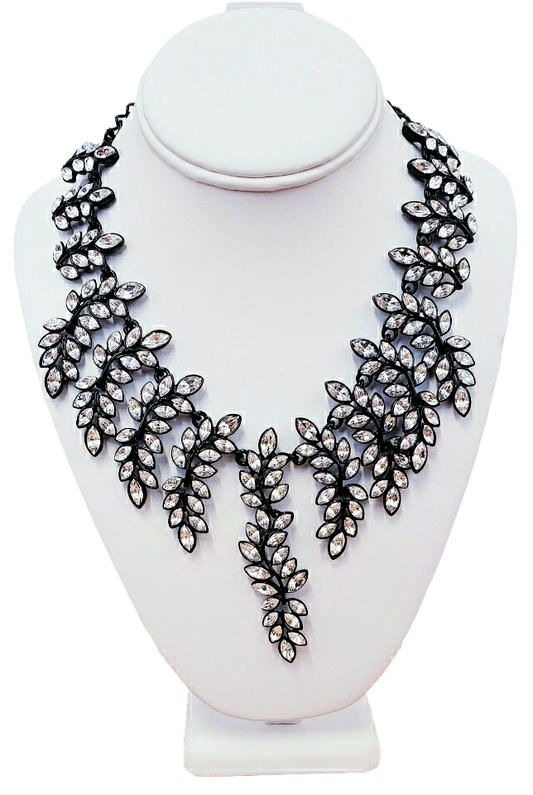 Black and Crystal Leaf Drop Necklace