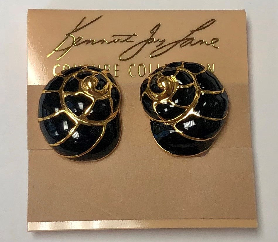 Gold With Black Enamel Shell Clip Earring