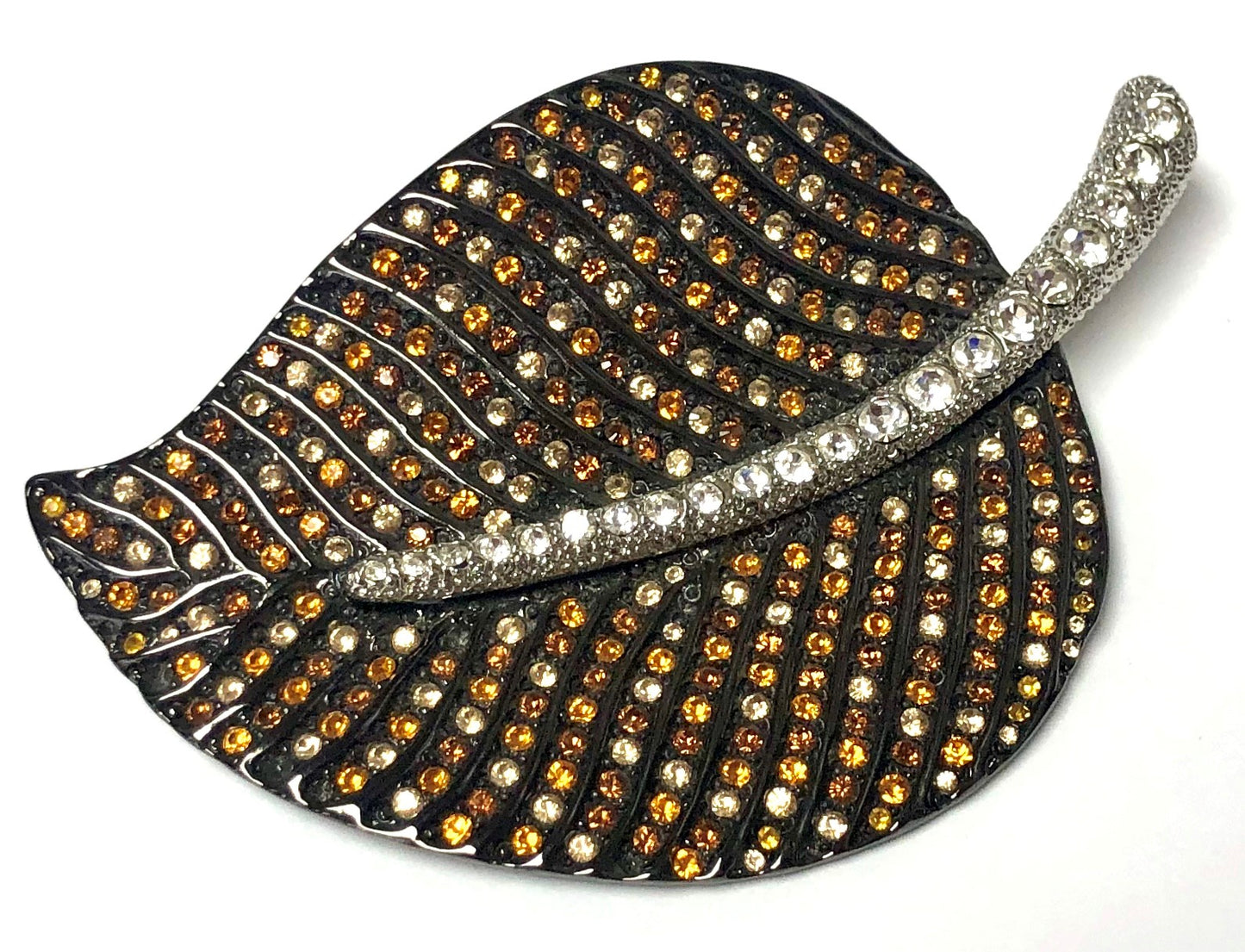 Gunmetal Plate Multi Topaz Pave Silver and Crystal Stem Leaf Pin