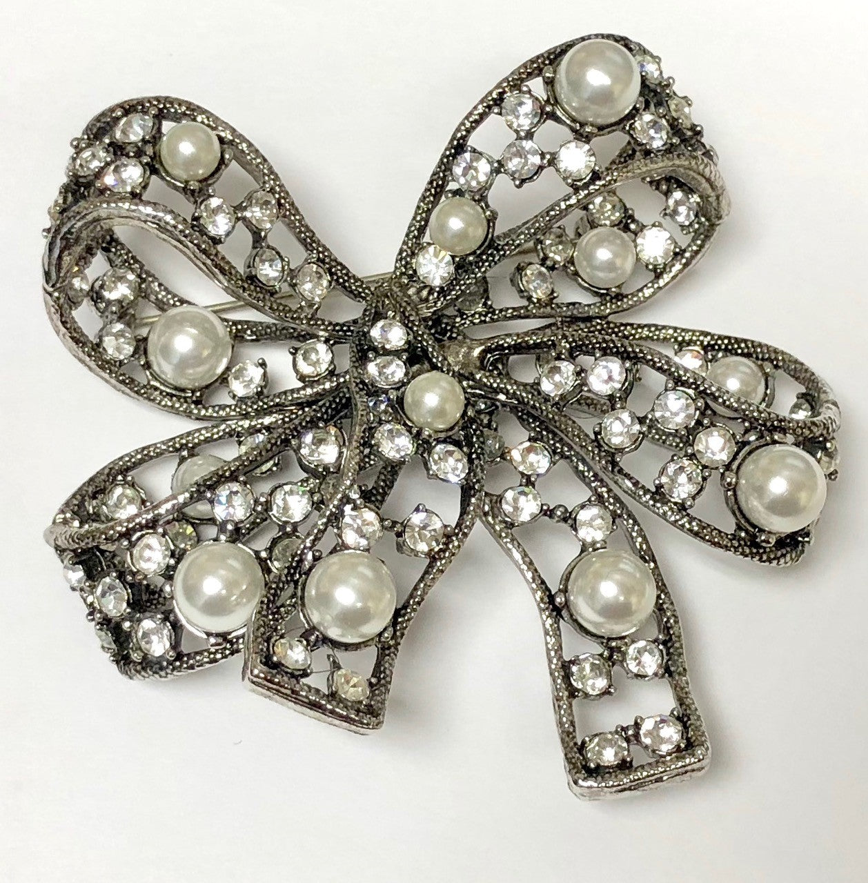 Antique Silver With Crystals And Pearls Bow Pin.