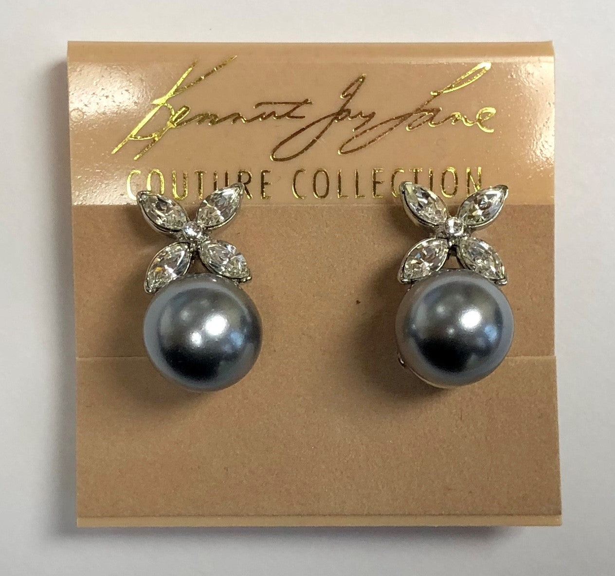 Rhodium Crystal X-Flower Top And Grey Pearl Bottom Clip Earring