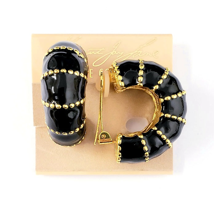 Gold with Black Enamel Hoop Clip Earring