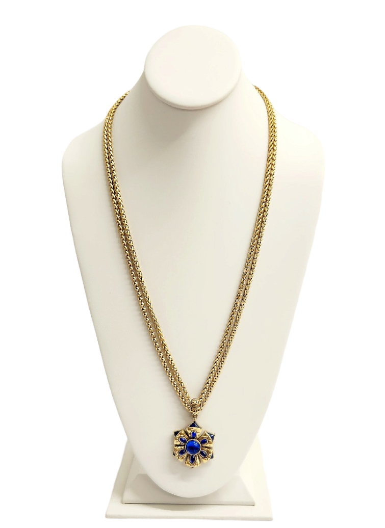2 Row Light Antique Gold with Sapphire Pendant Necklace