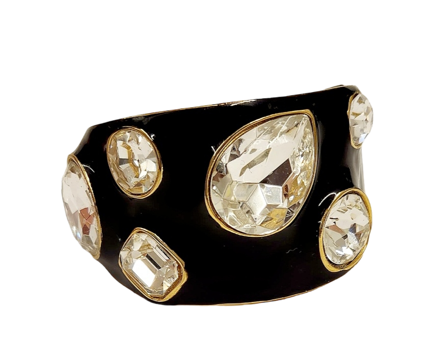 Black Enamel Hinged Cuff Bracelet with Crystal Gem Stones