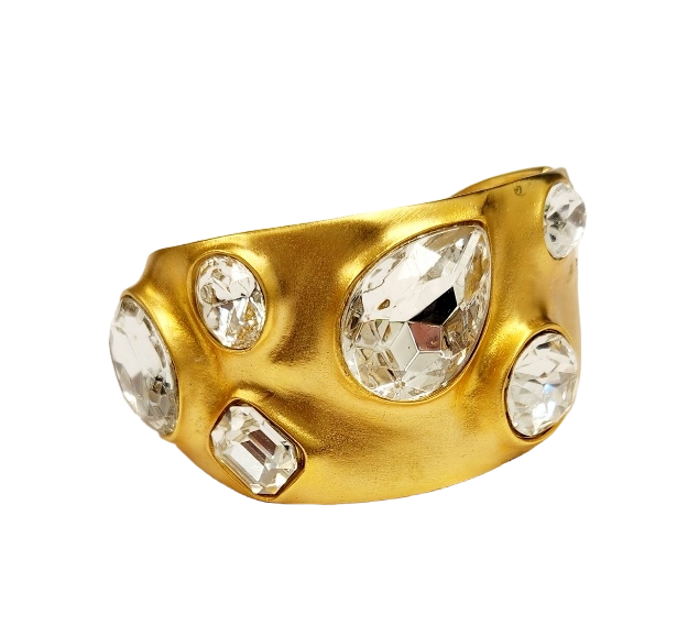 Satin Gold with Crystal Stones Hinged Cuff Bracelet