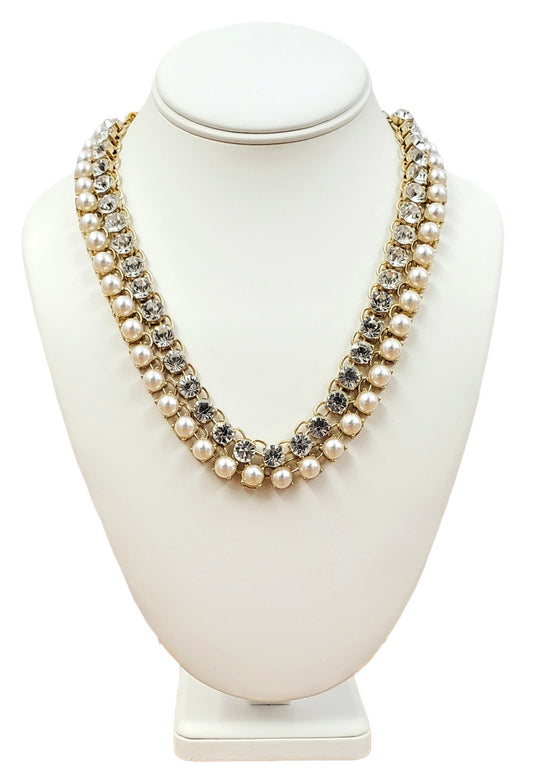 14-18" 2 Row Gold, Crystal, and Pearl Chain Necklace with Lobster Claw Clasp