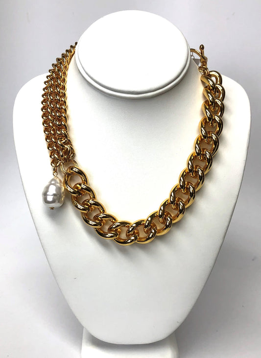 18" Gold Multi Chains With Pearl Necklace
