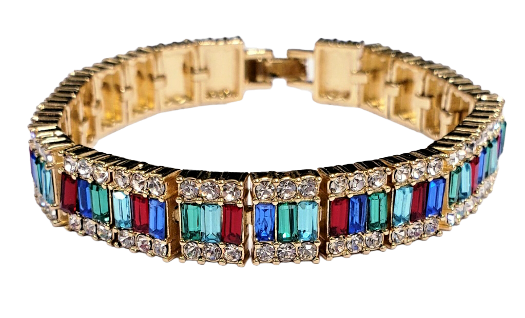 7" Gold with Crystal Trim & Multi Color Baguette Bracelet