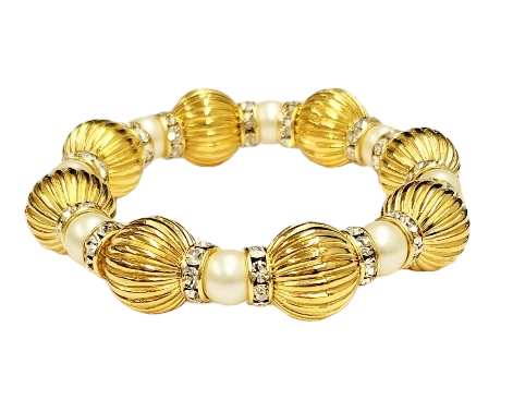 14mm Fluted Gold Beads with Pearl & Crystal Rhondells Stretch Bracelet