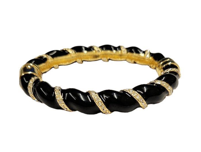 2 1-2" Inside Diameter Gold with Black Enamel & Crystal Twist Magnet Closure Bangle