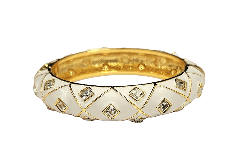 2 1-2" Inside Diameter Gold with White Enamel & Diamond Shape Crystal Bracelet