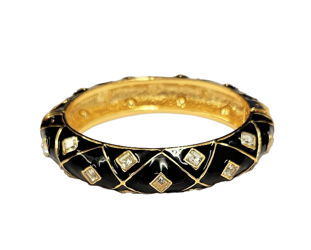 2 1-2" Inside Diameter Gold with Black Enamel & Diamond Shape Crystal Bracelet