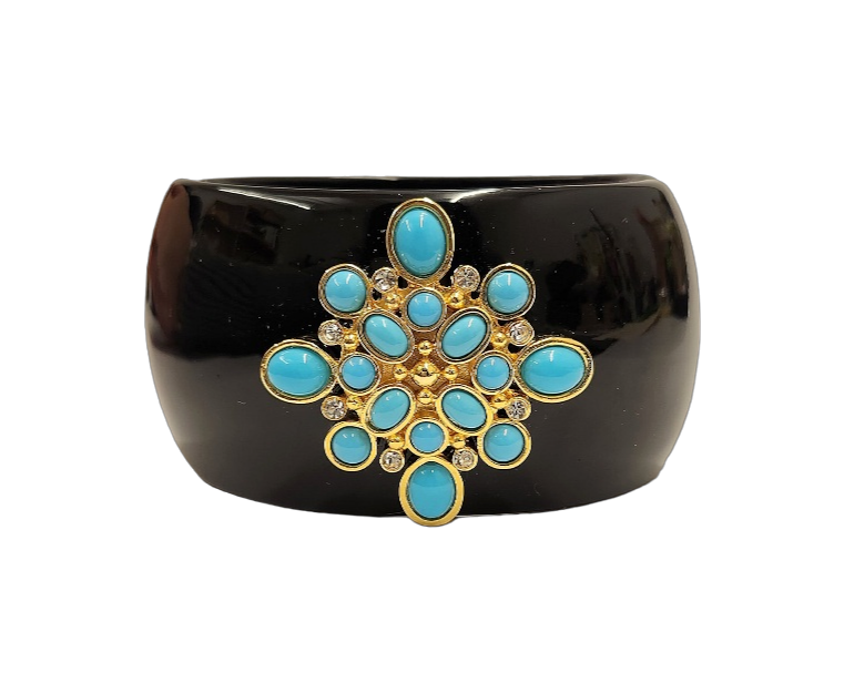 Black Cuff Bracelet with Gold Crystal Turquoise Cabochon Motif