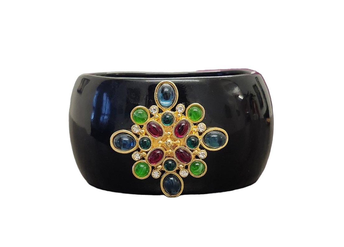 Black Cuff Bracelet with Gold Rhinestone Multicolored Motif