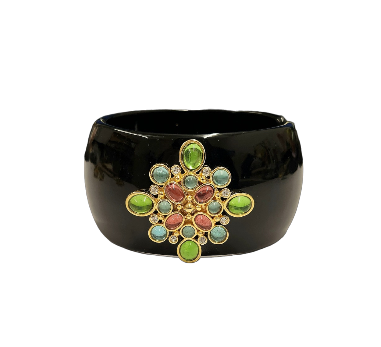Black Cuff Bracelet with Gold Crystal & Light Multicolored Motif