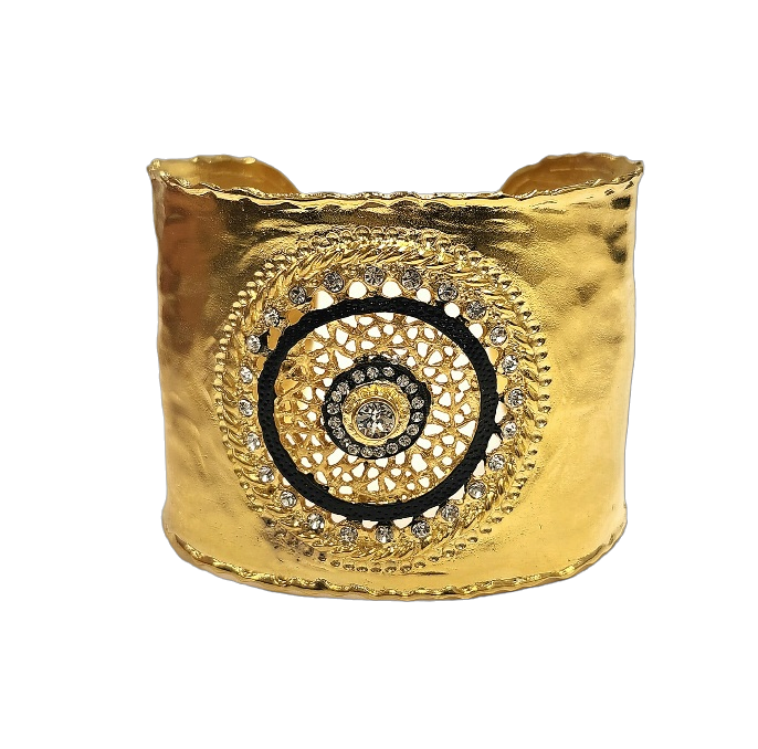 Gold with Crystal Trim & Black Center Open Cuff Bracelet