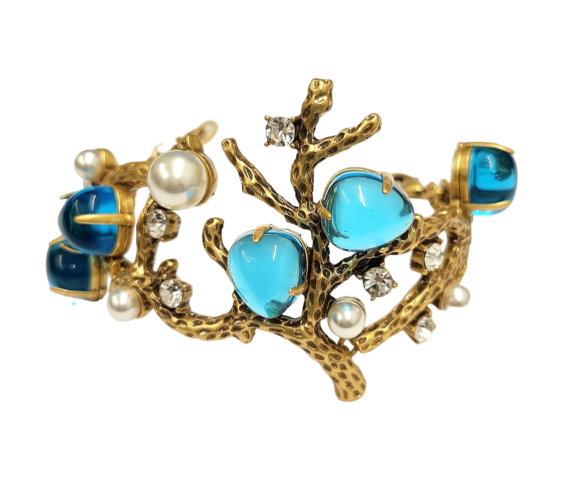 Gold Sea Branch with Pearls- Crystals- Aqua Bracelet