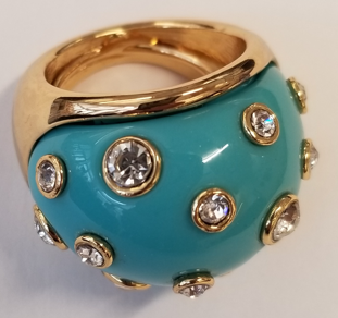 turquoise domed gold adjustable ring w- crystals