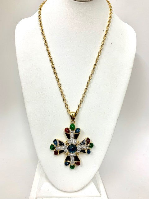 24" Gold with Rhine Black Enamel Ruby- Emerald- Sapphire Center Cross Pendant Chain Necklace