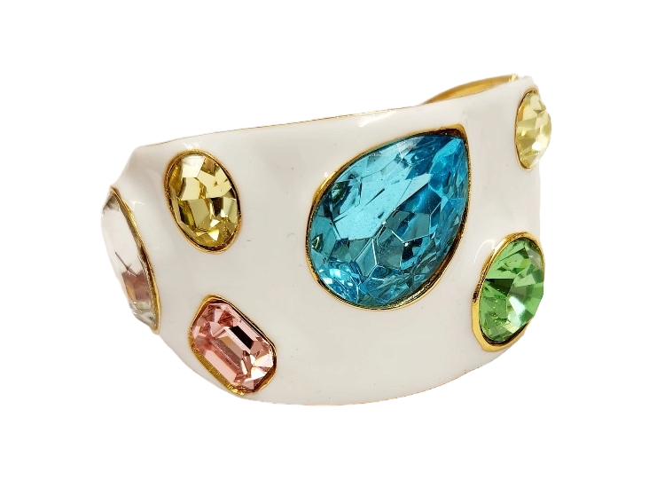 White Enamel with Multi Pastel Stones Cuff Bracelet