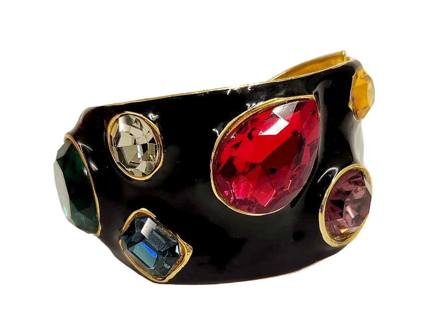 Black Enamel Hinged Cuff Bracelet with Multi Dark Gem Stones