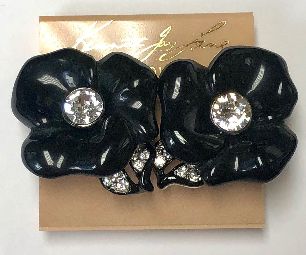 Rhodium Black and Crystals Flower Clip Earring
