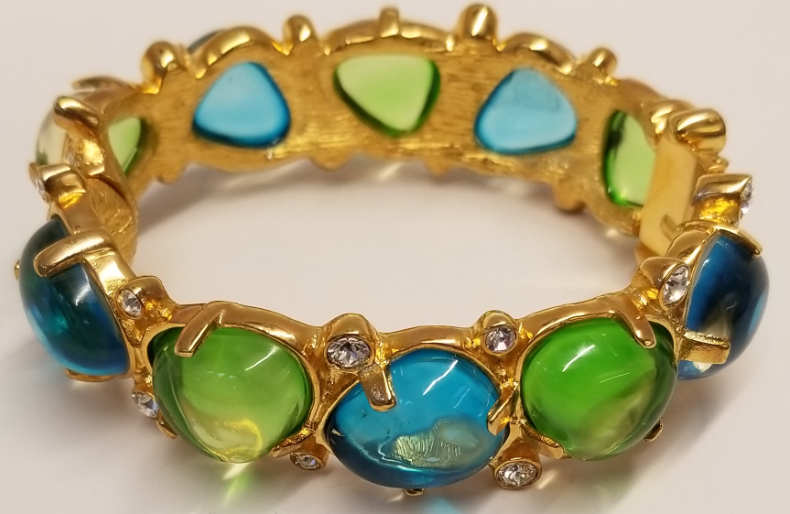 Crystal Aqua and Peridot Cabochon Stone Gold Hinged Bracelet