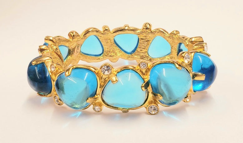 Gold Crystal & Aqua Nugget Stones Hinged Bangle