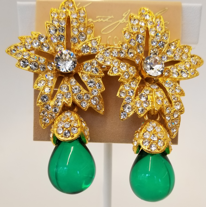 Jackie O Gold and Crystal Top Emerald Drop Clip Earring