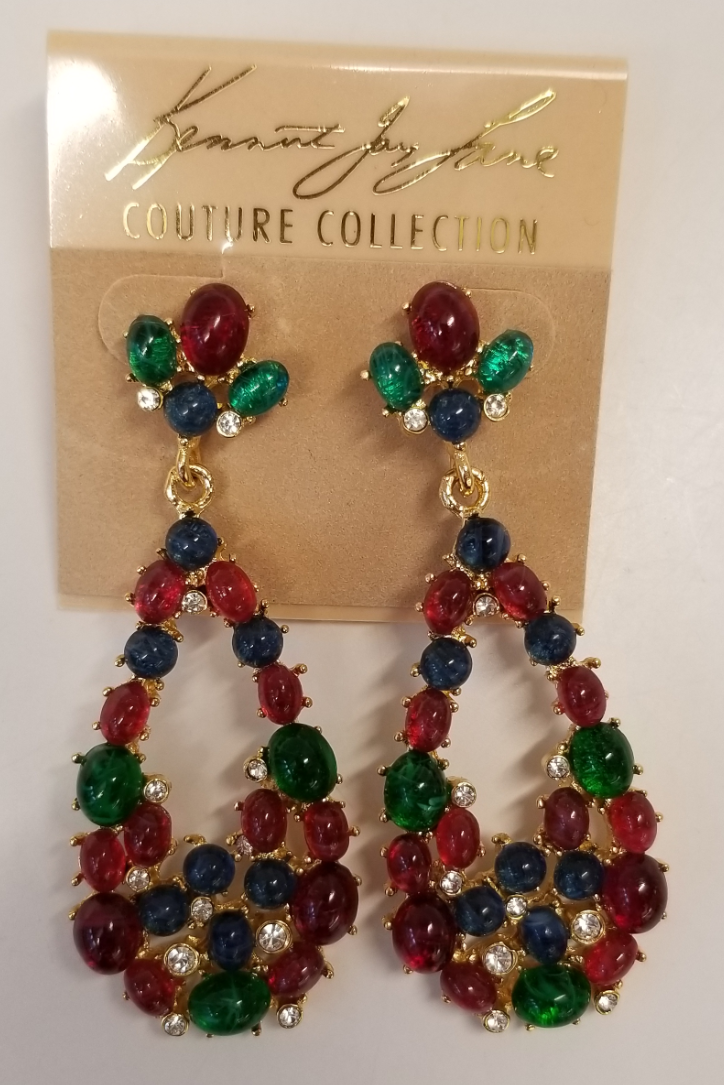 Multi gem cabochons drop pierced earring