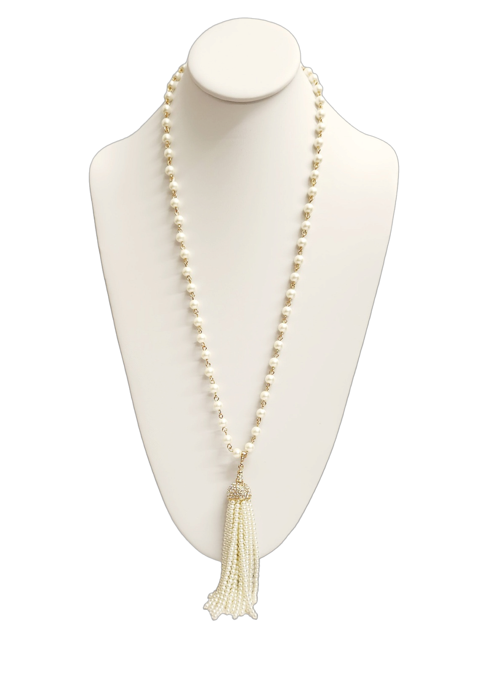 32" Pearl with Gold Spacers & Gold Crystal Cap Pearl Tassels S Hook Necklace