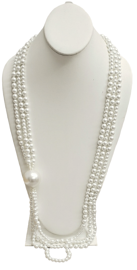 36" 3 Row White Pearl Large White Pearl Station Necklace With Gold Clasp