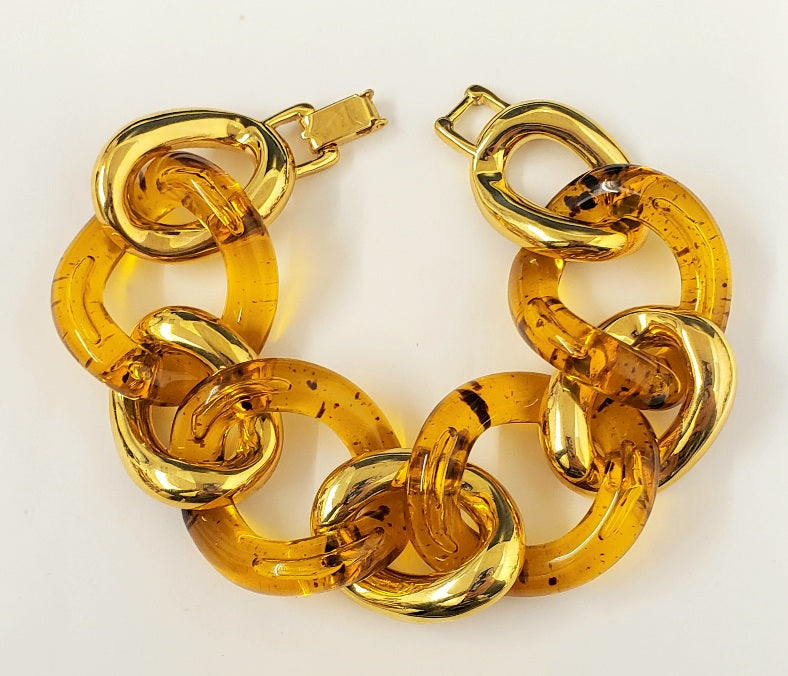8" Polished Gold with Speckled Amber Link Bracelet Fold-over Clasp