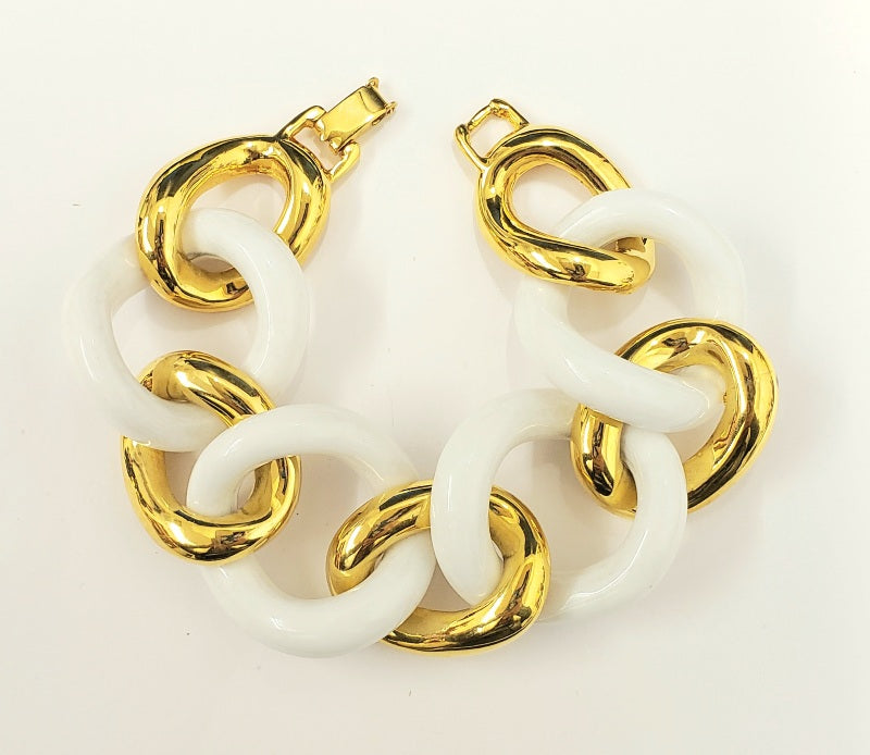 8" Polished Gold with White Link Bracelet with Fold-over Clasp