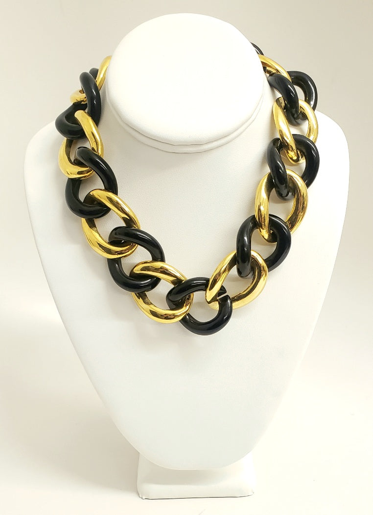 18" Polished Gold With Resin Black Links Necklace