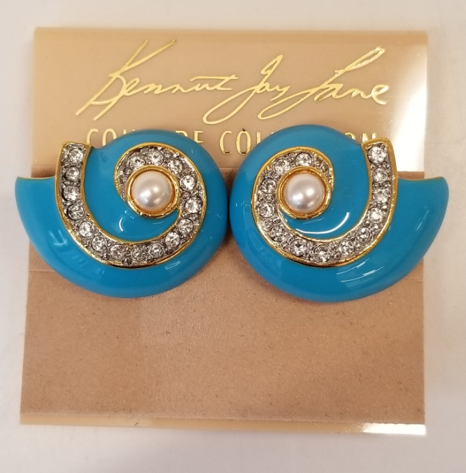 Turquoise Enamel Crystal Accents Pearl Center Shell Clip Earring