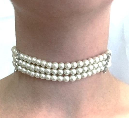 3 row 6mm Pearl with Crystal Stations Choker