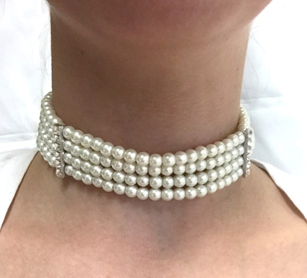 4 row 6mm pearl with crystal stations choker