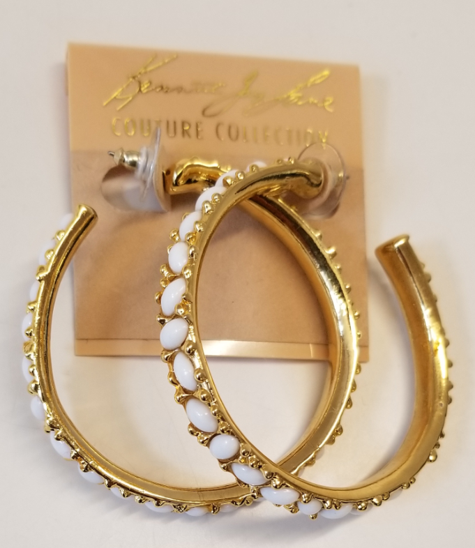 large size white cabachon hoop earring