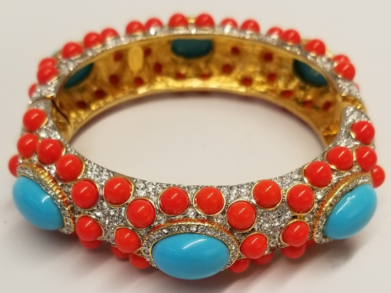 Gold and Crystal Turquoise & Dark Coral Hinged Bracelet