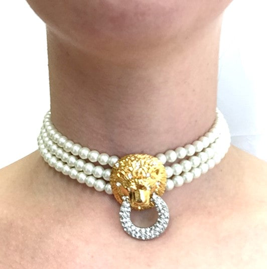 12-16" 3 Row Pearl Choker with Gold-Rhinestone Lion Head Center