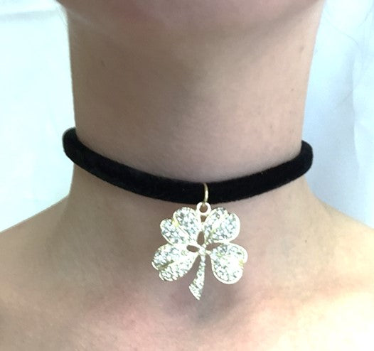 Black Velvet Choker with Gold-Crystal Clover Pendant