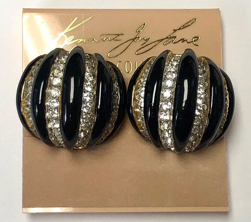 Gold With Black Enamel and Crystals Hoop Clip Earring