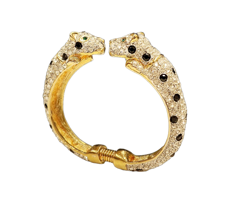 Gold TwoTone Rhinestone with Jet Spots Leopard Bracelet