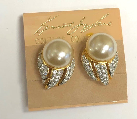 Gold Crystals And White Pearl Button Clip Earring