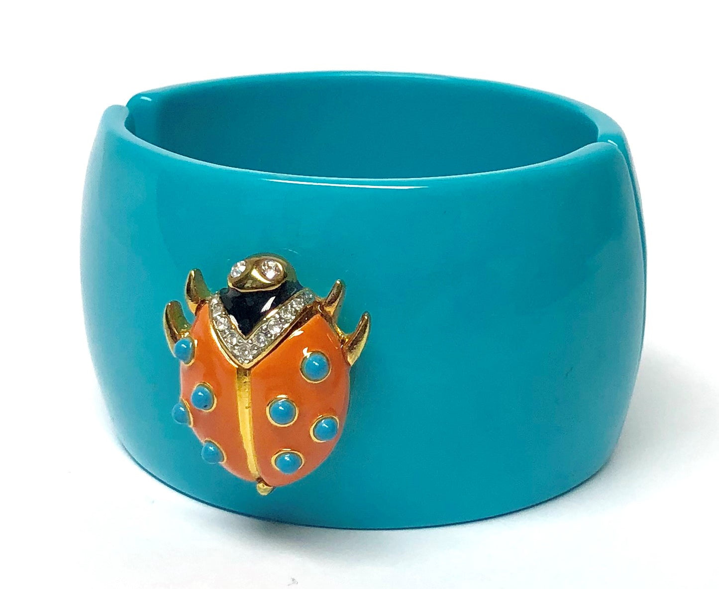 Turquoise Gold -Black-Coral Enamel-Turquoise Dots-Crystals Ladybug Bracelet