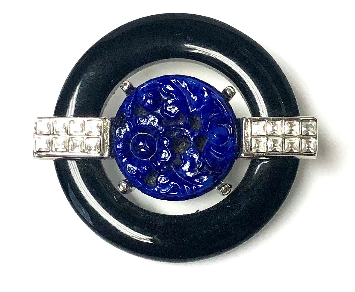Black Lapis Center Silver and Crystal Deco Circle Pin