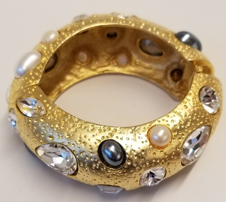 Light Antique Gold With Crystal and White and Gray Pearl Hinge Bracelet