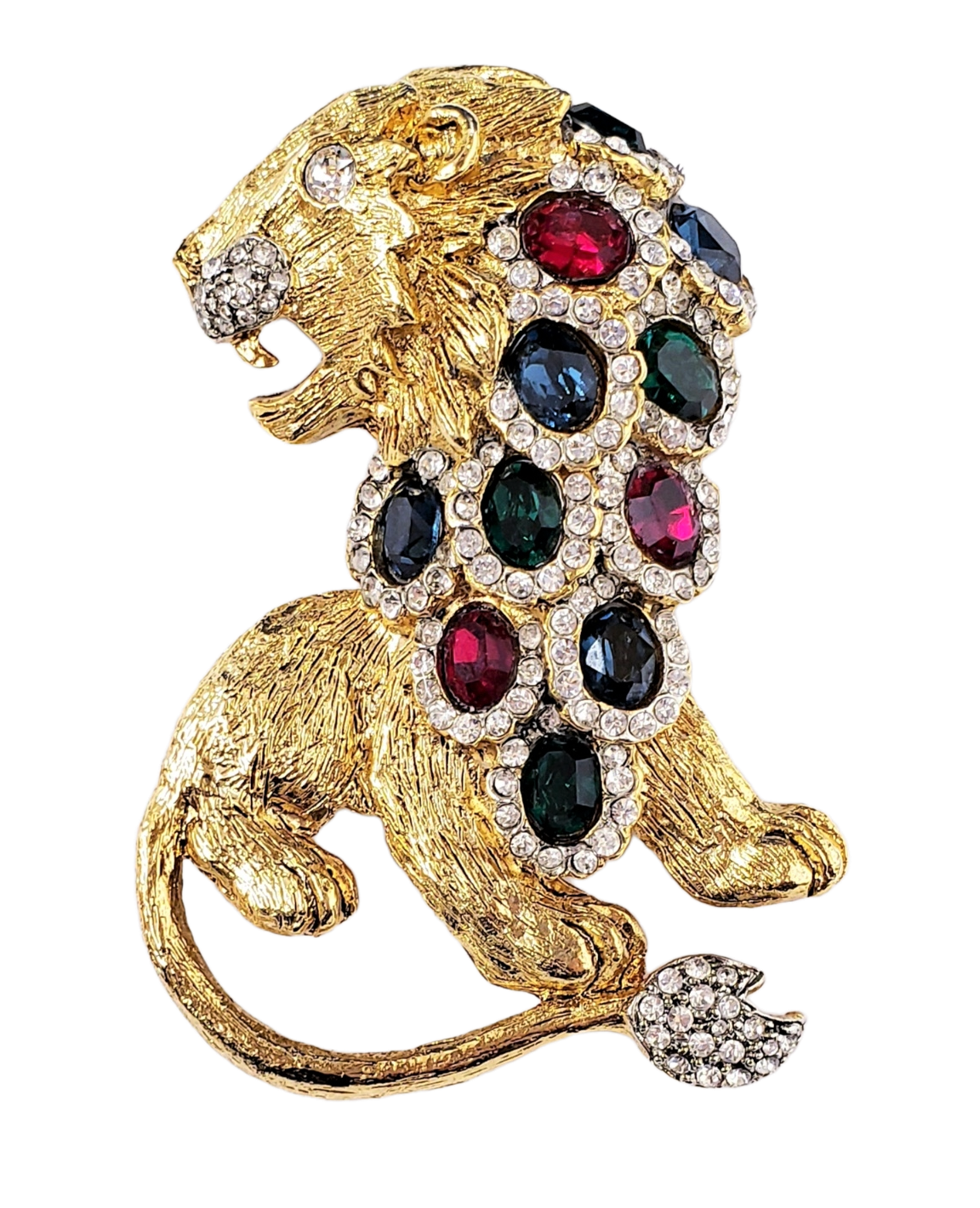 3" Gold Two Toned Rhinestone Faceted with Sapphire Emerald Ruby Gemstone Lion Pin