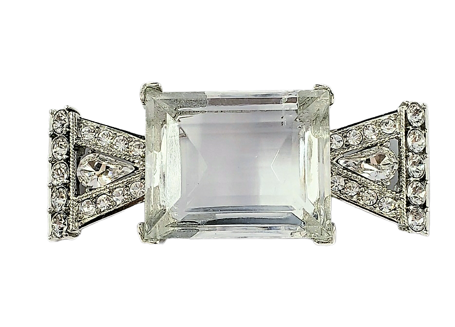 2.5"x1" Rhodium & Rhinestone with Clear Rectangle Center Stone Deco Pin